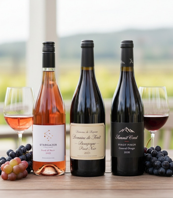 Pinot Noir Wein verschiedene Flaschen auf Tisch